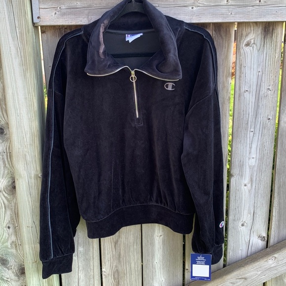 Champion Velour Satin Trim Half Zip Sweatshirt Black, Women's size L - Picture 4 of 15